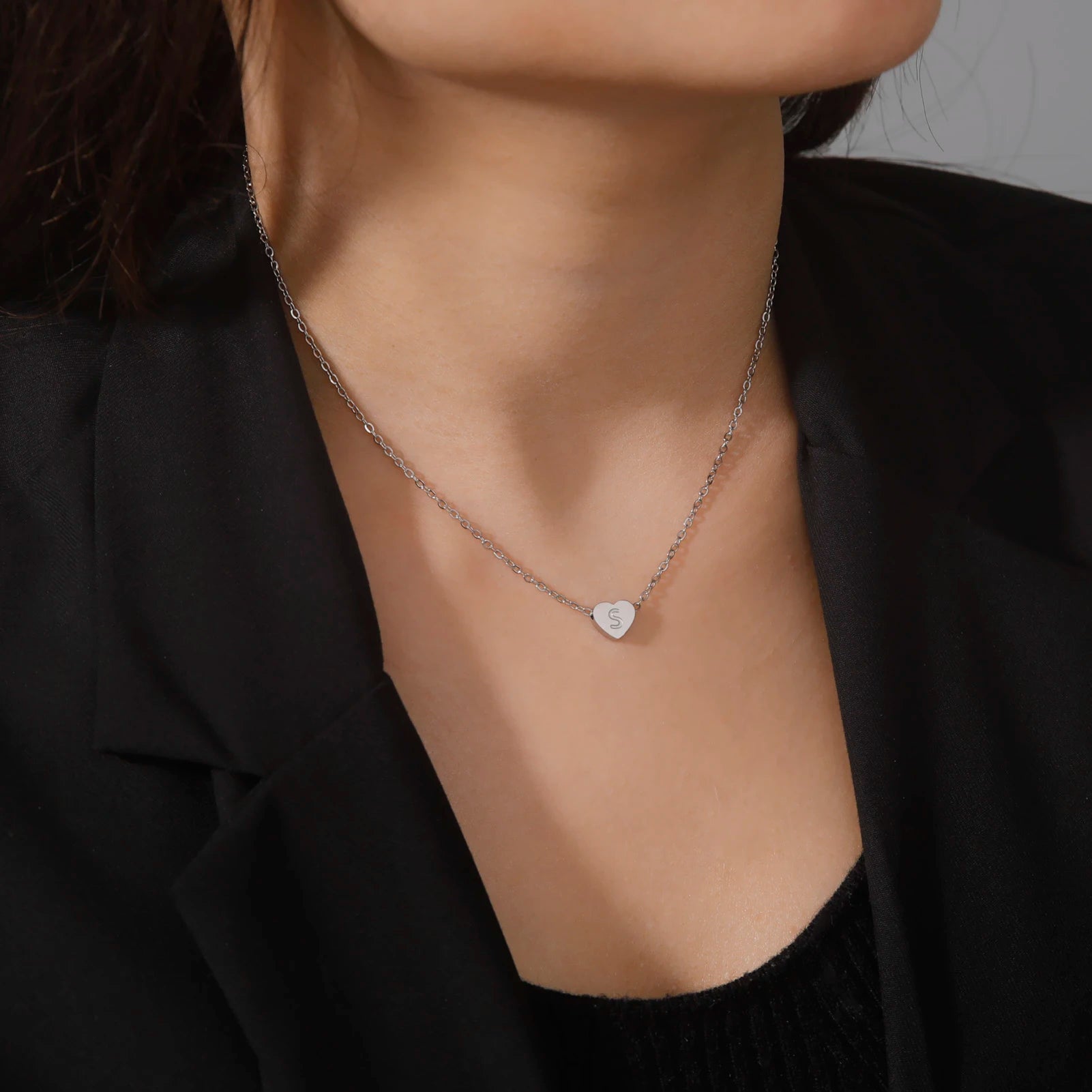 Stainless Steel Heart Initial Necklace